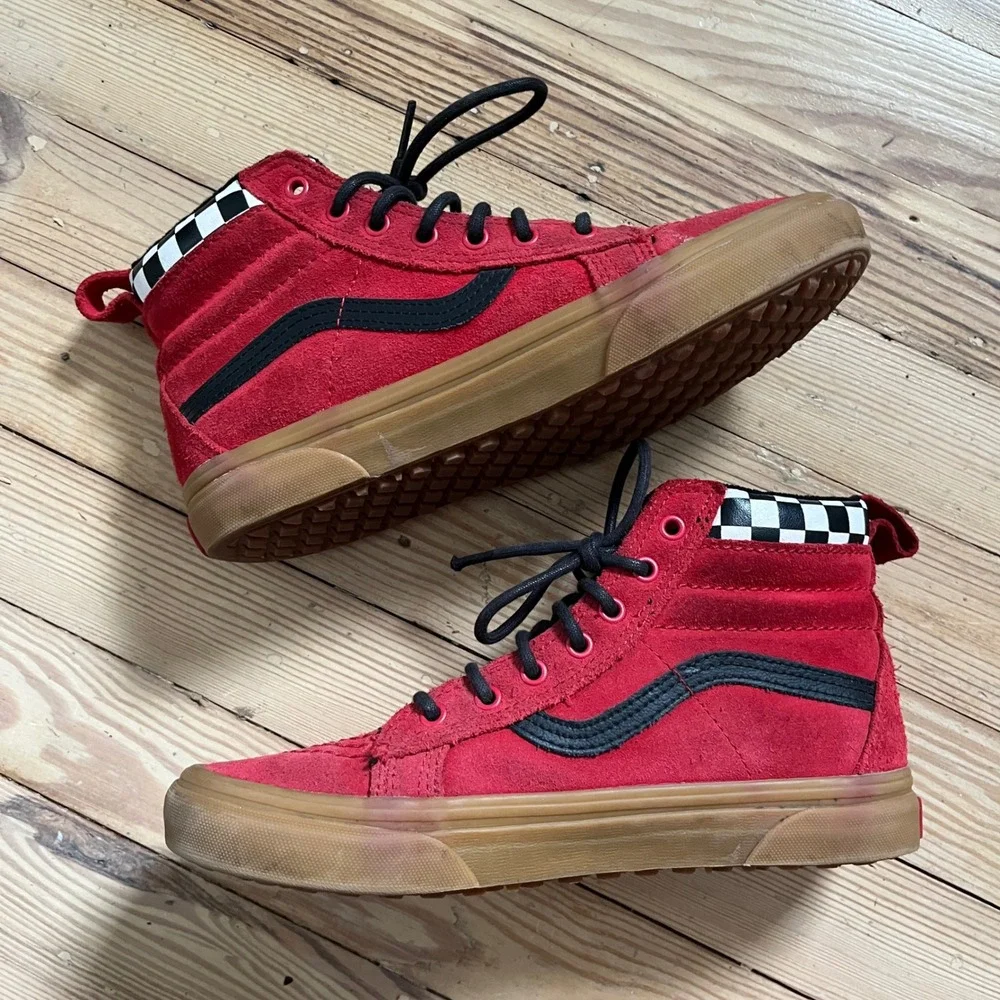 Vans Sk8-Hi Sneakers Kids 5.5 Red Suede Checkerboard High Top Gum Sole Shoes